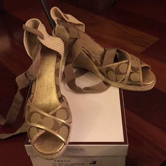 Coach open toe espadrilles khaki/gold ribbon tie - Picture 2 of 4